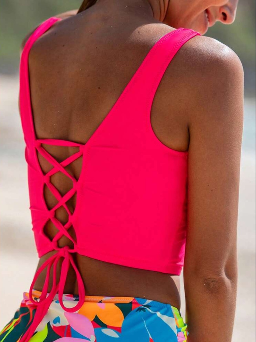 Popvil Watermelon Red Sweet U-Neck Lace-Up Crop Tankini Top